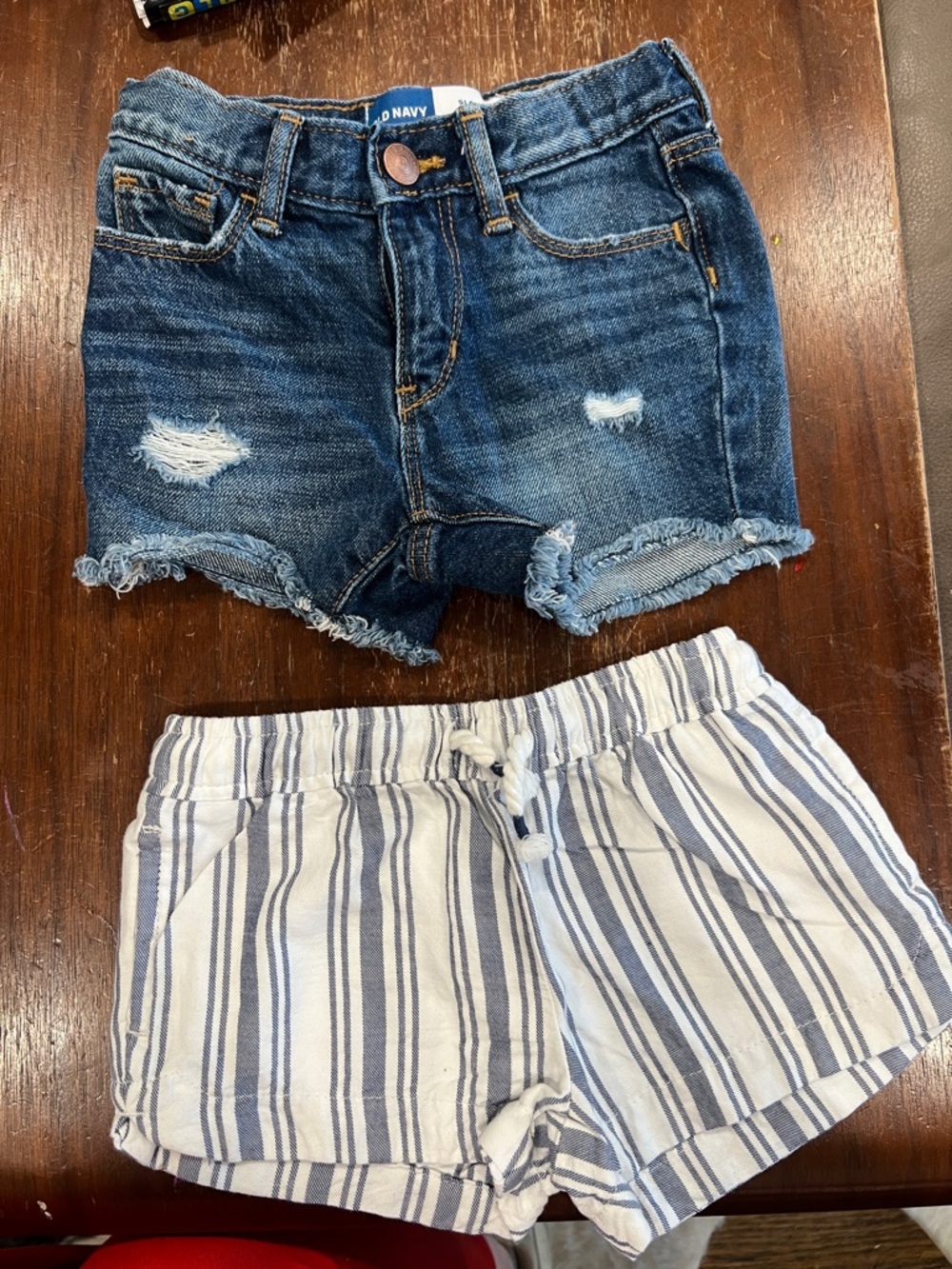 Old Navy Dark Blue Denim Distressed girls Shorts and Osh Kosh linen type striped